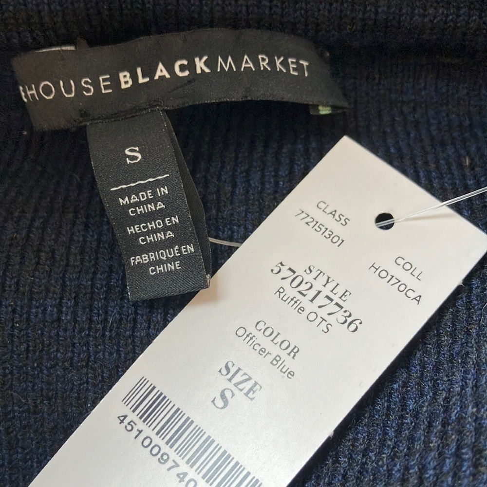 NWT White House Black Market Off the Shoulder Ruffle Navy blue Black sweater - Picture 11 of 12